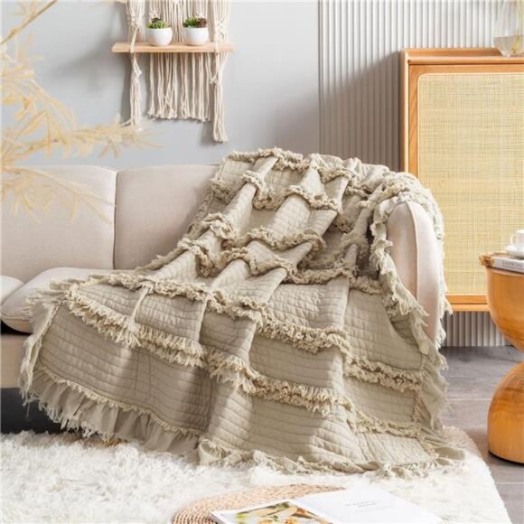 Ultra Soft Pre-Washed Quilted Boho Throw Blanket, Ruffle Fringed Beige - Picture 1 of 8